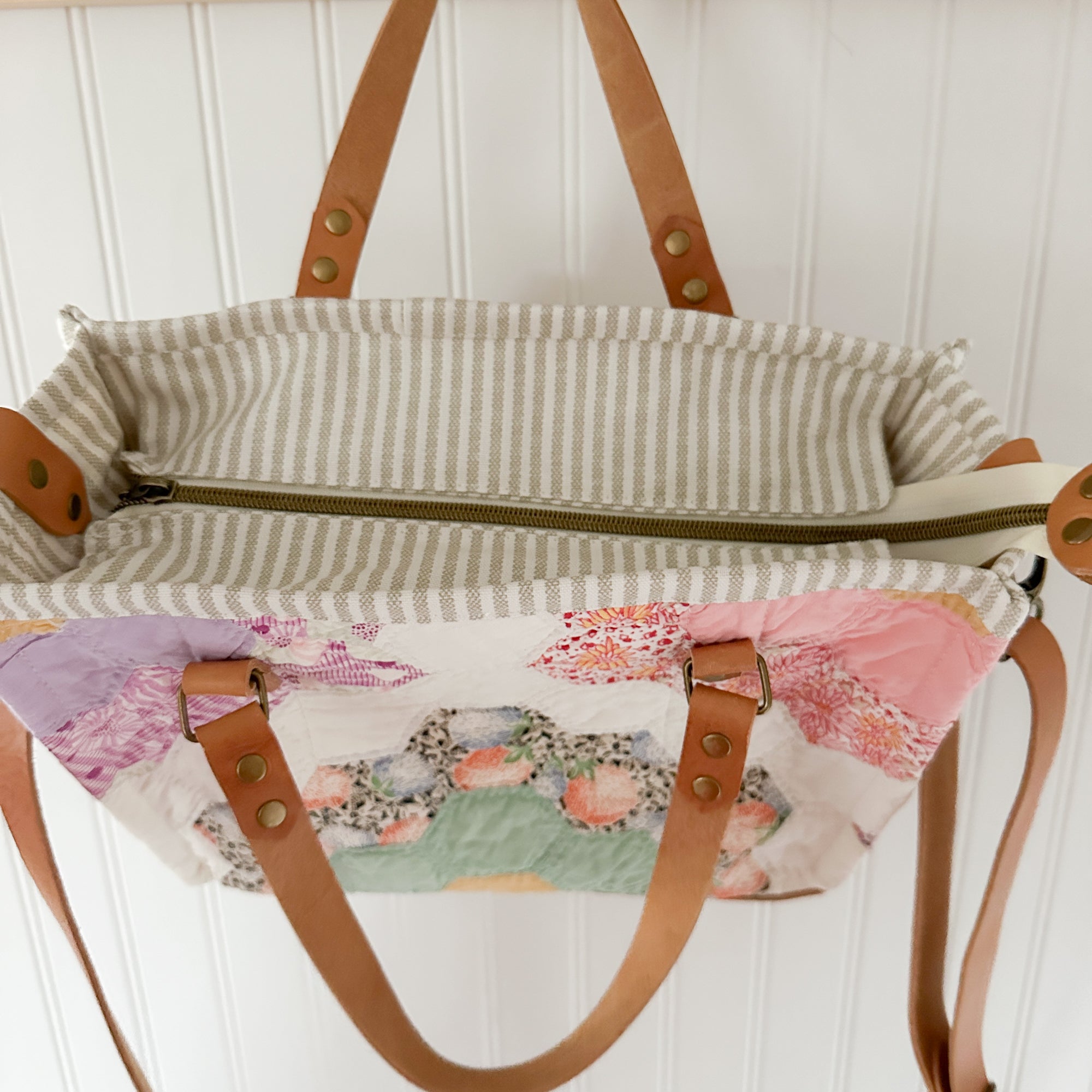 Boxy Bible Bag Vintage Grandmothers Garden Quilt with Leather Handles and Crossbody Strap