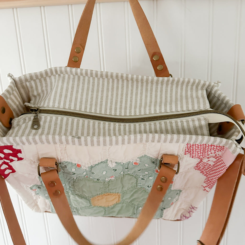 Boxy Bible Bag Vintage Grandmothers Garden Quilt with Leather Handles and Crossbody Strap