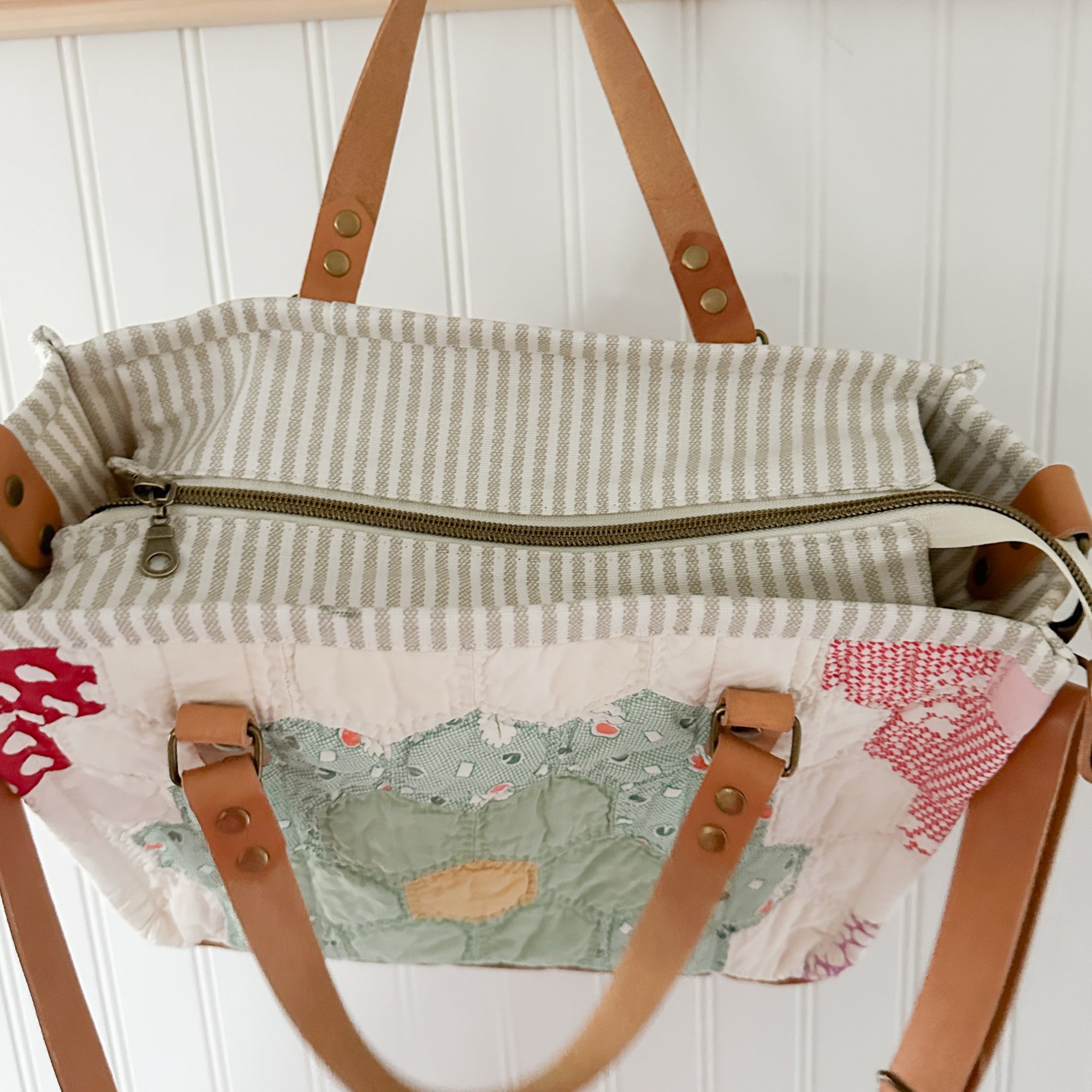 Boxy Bible Bag Vintage Grandmothers Garden Quilt with Leather Handles and Crossbody Strap