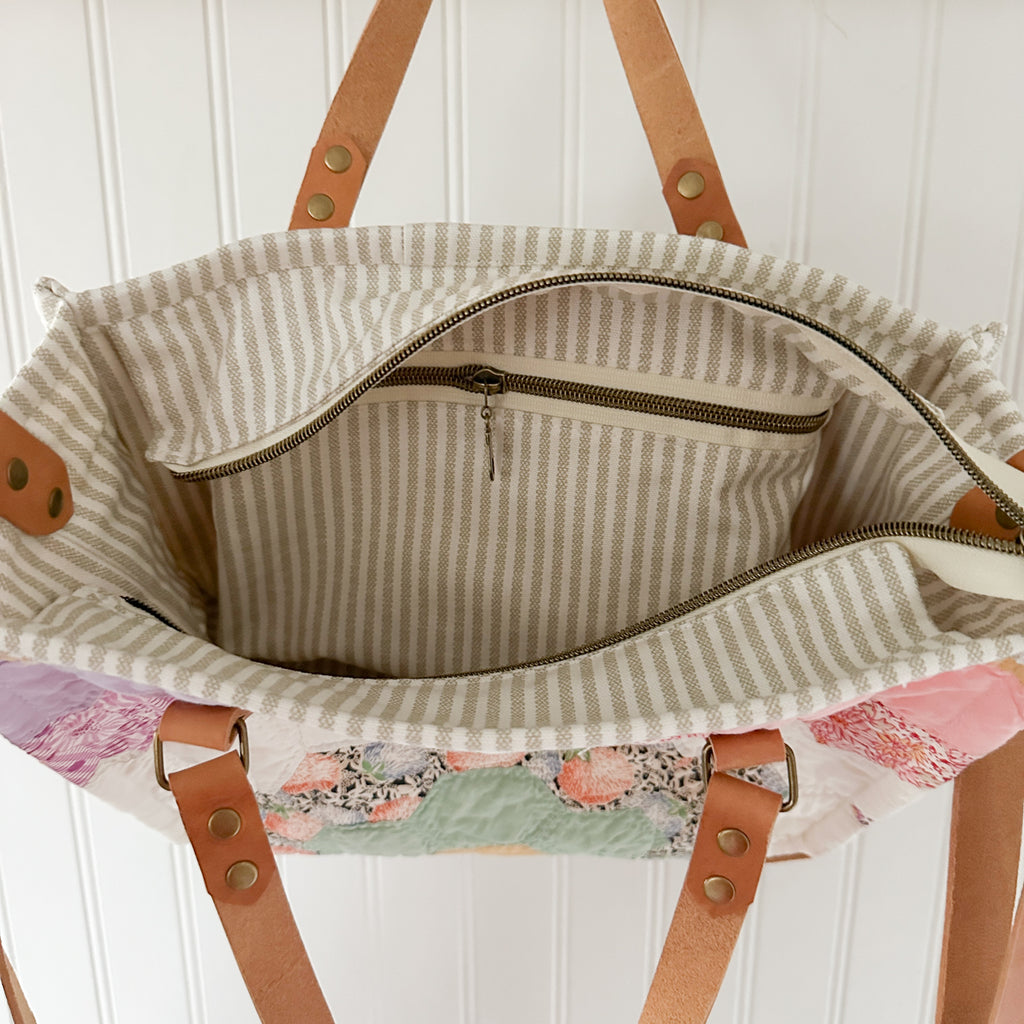 Boxy Bible Bag Vintage Grandmothers Garden Quilt with Leather Handles and Crossbody Strap