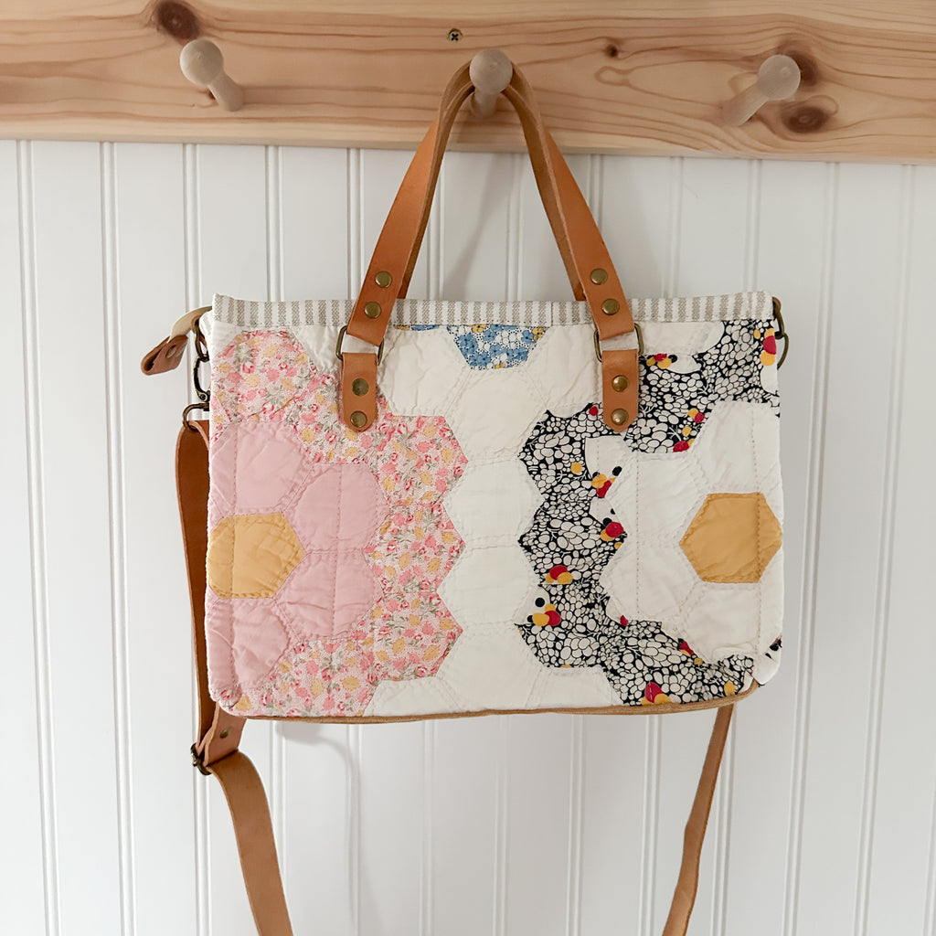 Boxy Bible Bag Vintage Grandmothers Garden Quilt with Leather Handles and Crossbody Strap