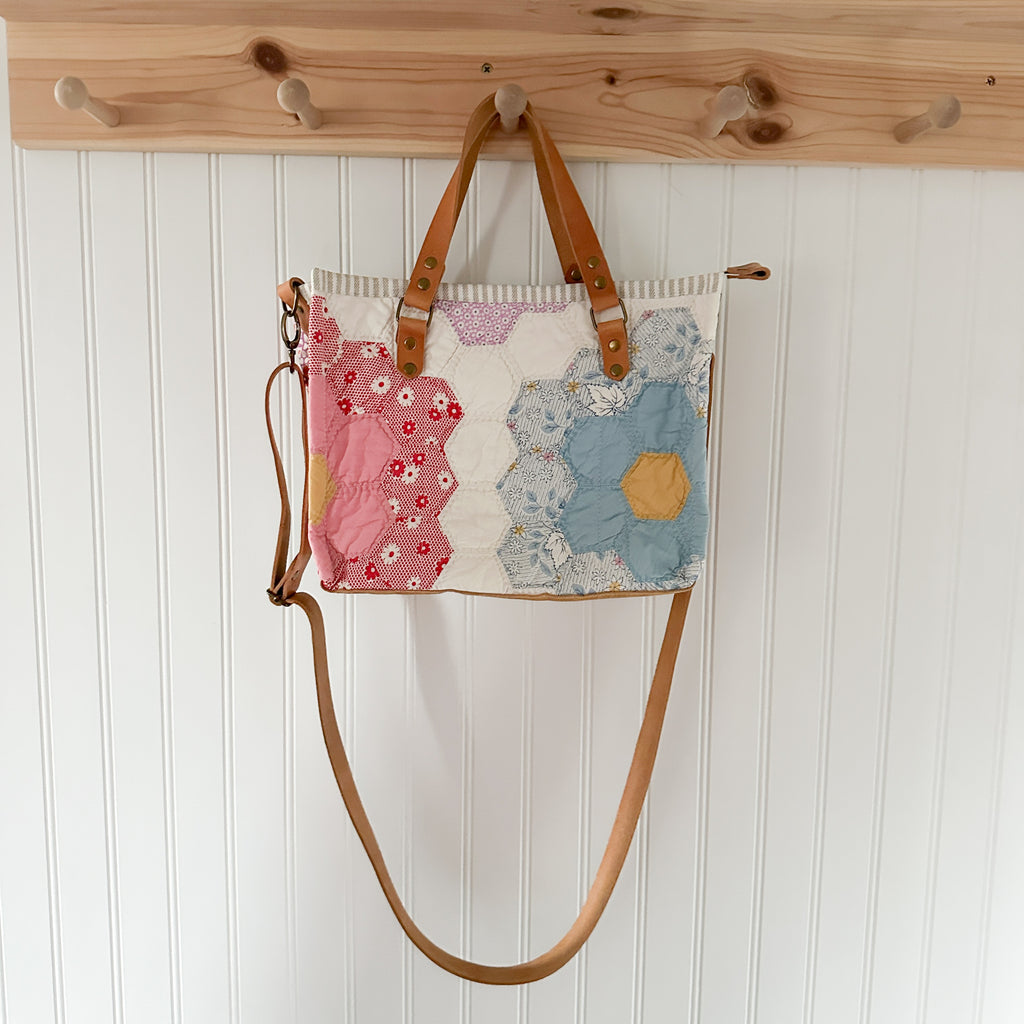 Boxy Bible Bag Vintage Grandmothers Garden Quilt with Leather Handles and Crossbody Strap