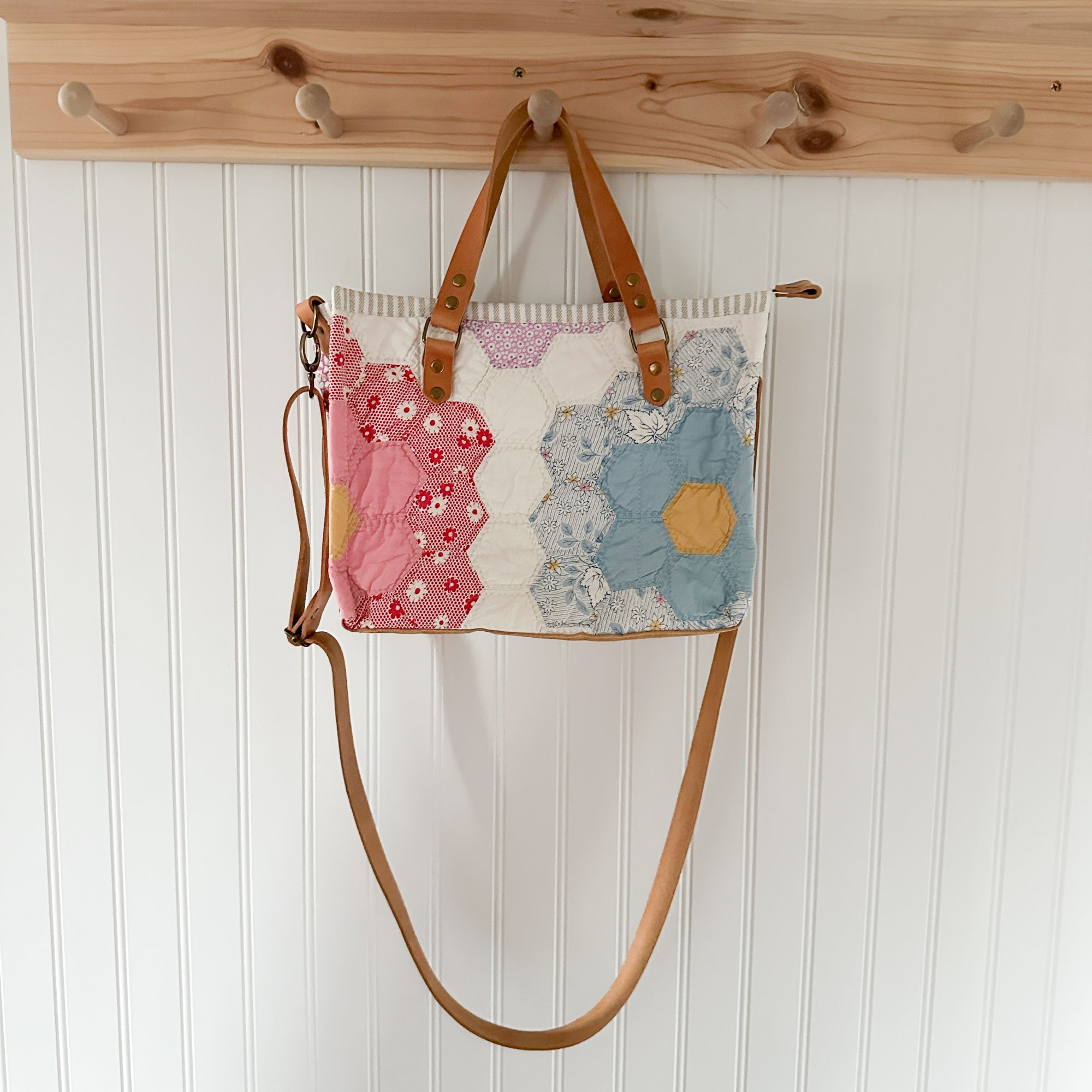 Boxy Bible Bag Vintage Grandmothers Garden Quilt with Leather Handles and Crossbody Strap
