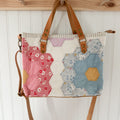 Boxy Bible Bag Vintage Grandmothers Garden Quilt with Leather Handles and Crossbody Strap