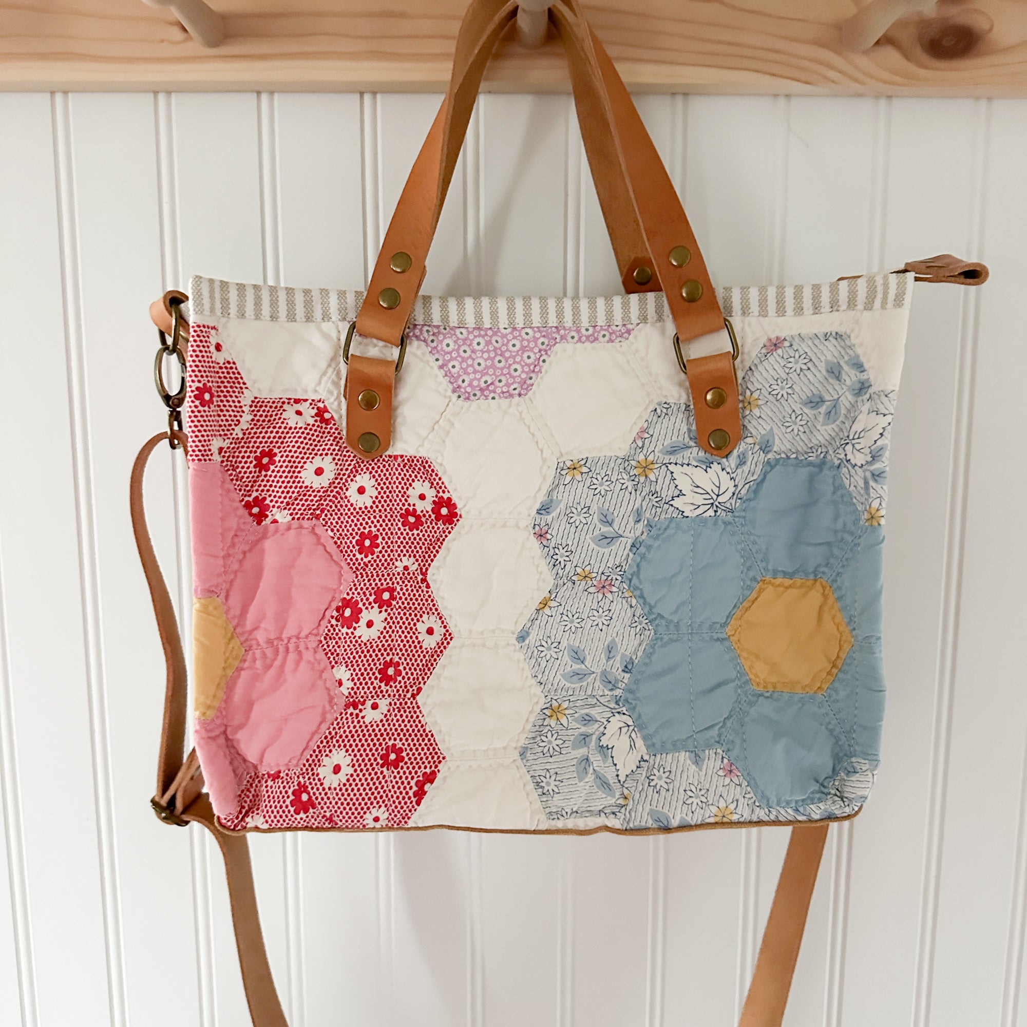 Boxy Bible Bag Vintage Grandmothers Garden Quilt with Leather Handles and Crossbody Strap
