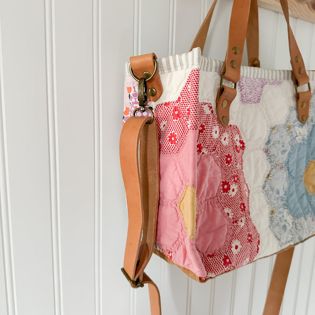 Boxy Bible Bag Vintage Grandmothers Garden Quilt with Leather Handles and Crossbody Strap