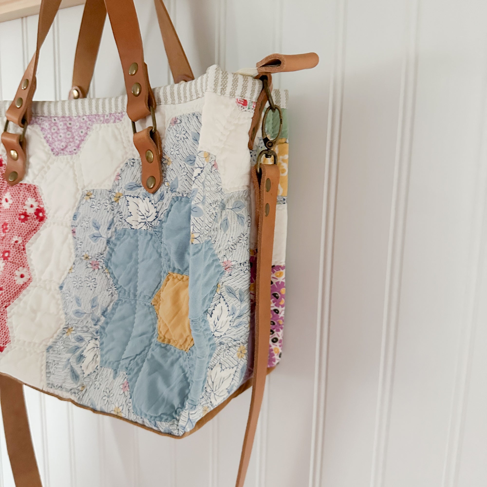 Boxy Bible Bag Vintage Grandmothers Garden Quilt with Leather Handles and Crossbody Strap