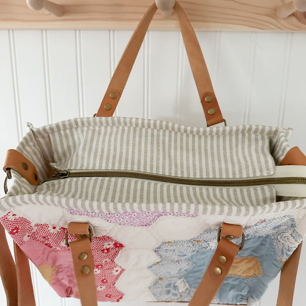 Boxy Bible Bag Vintage Grandmothers Garden Quilt with Leather Handles and Crossbody Strap
