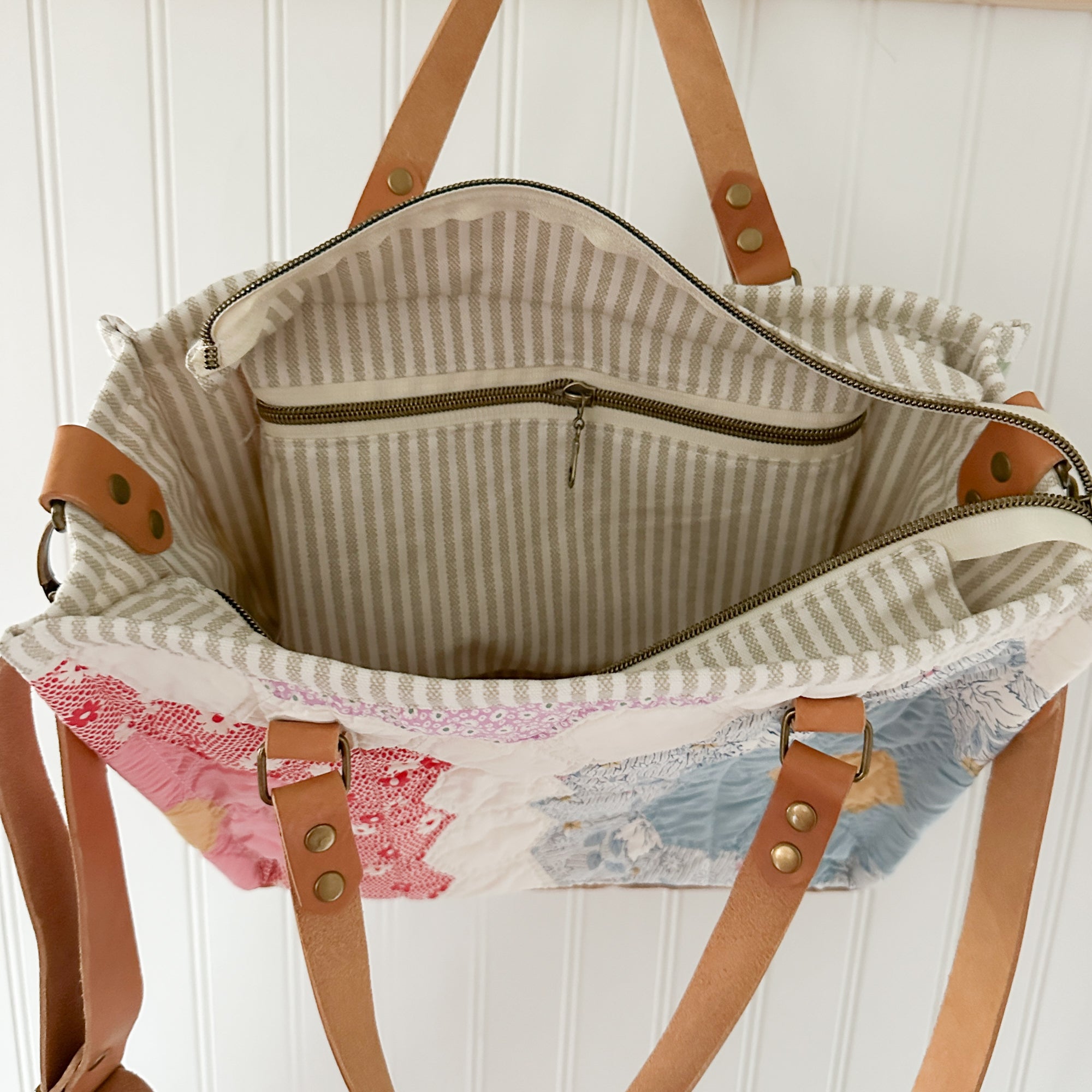 Boxy Bible Bag Vintage Grandmothers Garden Quilt with Leather Handles and Crossbody Strap