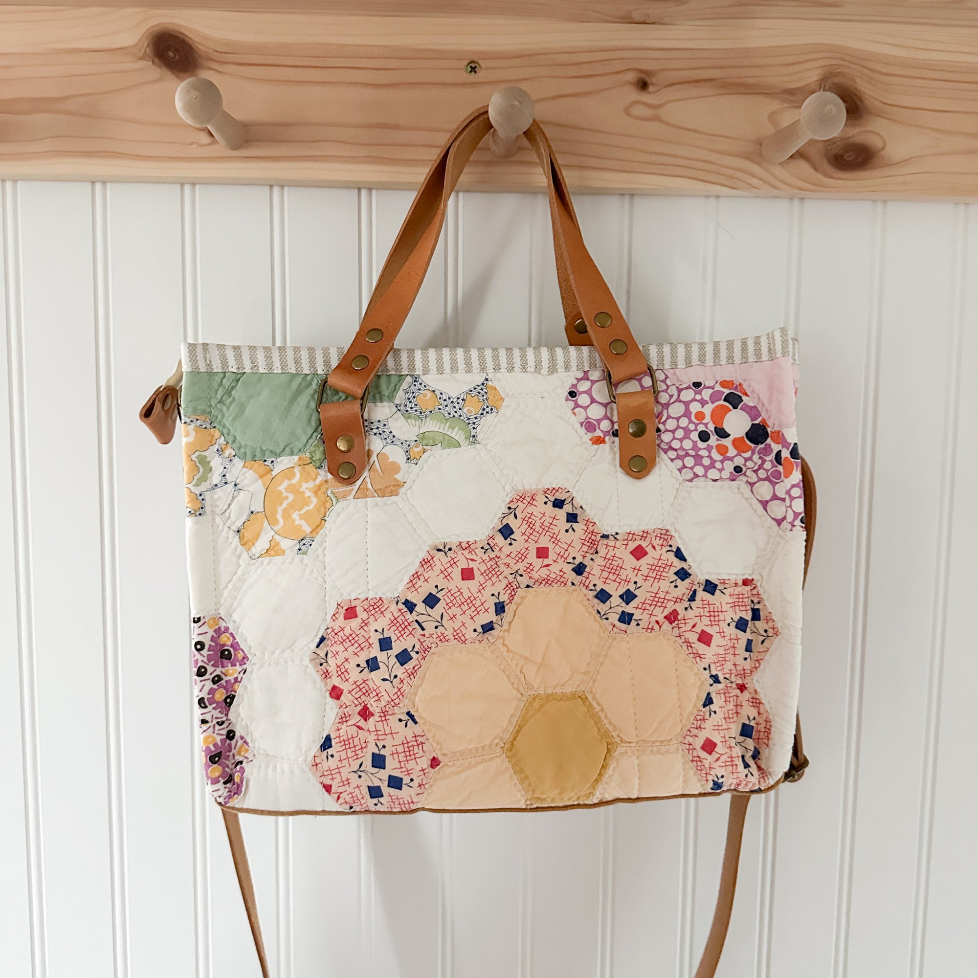 Boxy Bible Bag Vintage Grandmothers Garden Quilt with Leather Handles and Crossbody Strap