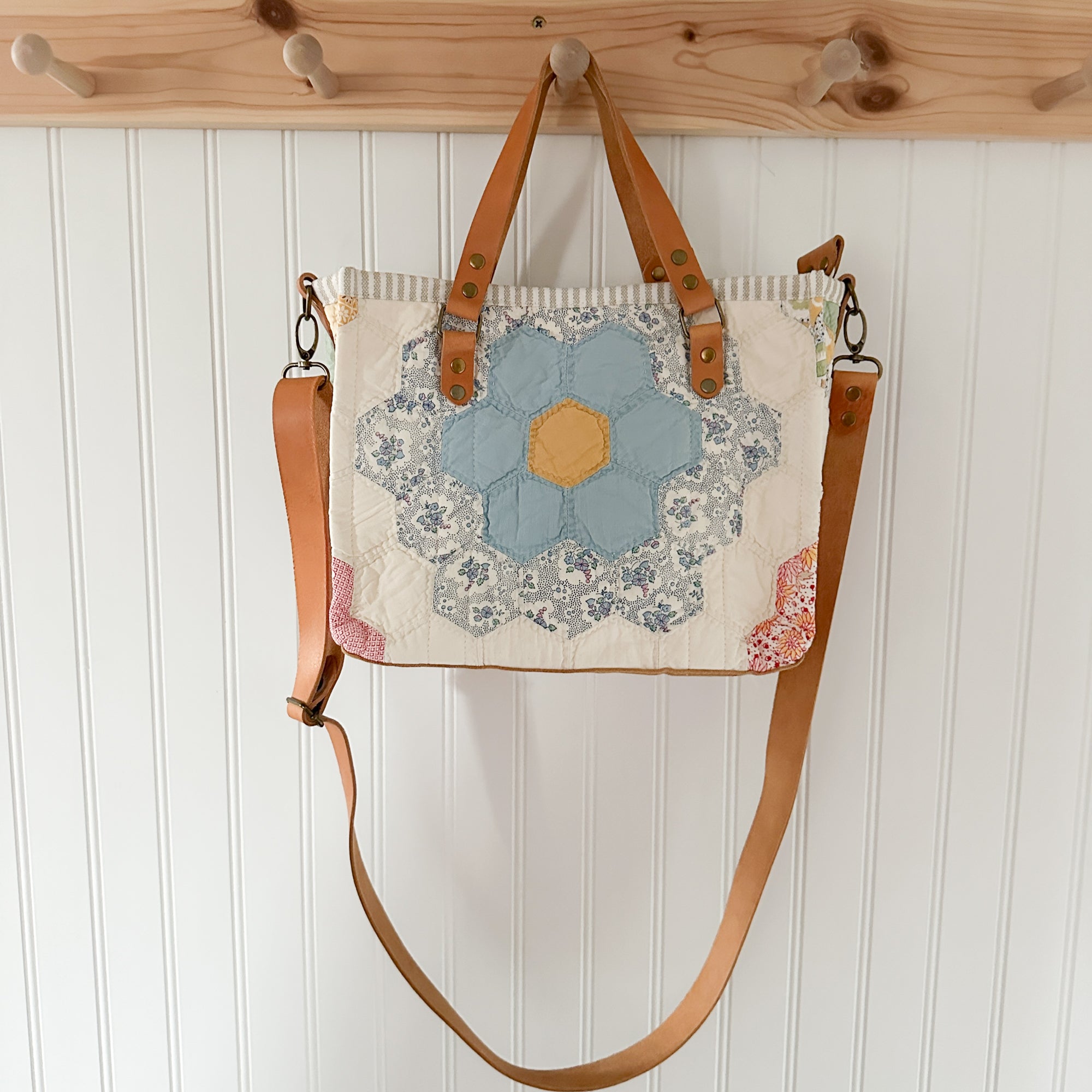 Boxy Bible Bag Vintage Grandmothers Garden Quilt with Leather Handles and Crossbody Strap