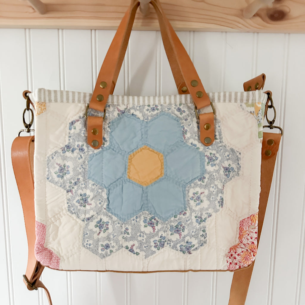 Boxy Bible Bag Vintage Grandmothers Garden Quilt with Leather Handles and Crossbody Strap