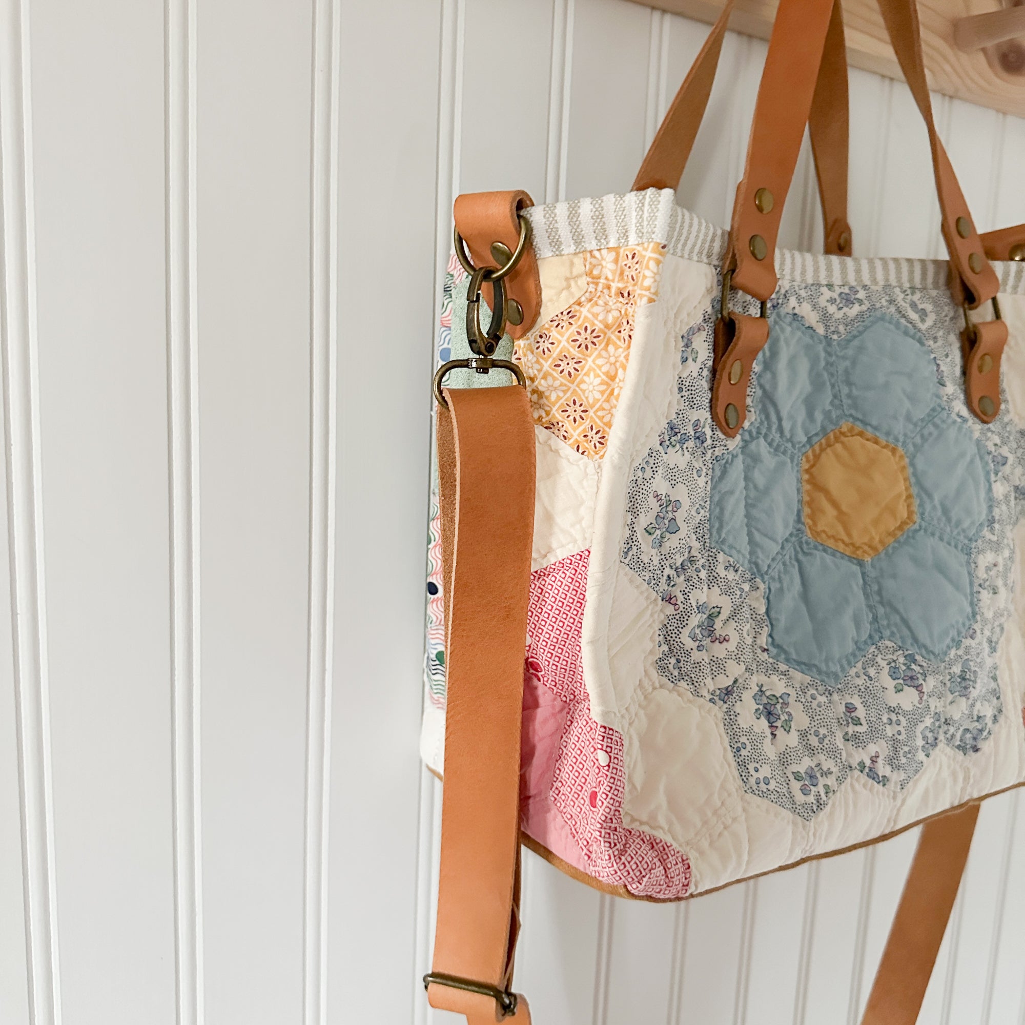 Boxy Bible Bag Vintage Grandmothers Garden Quilt with Leather Handles and Crossbody Strap