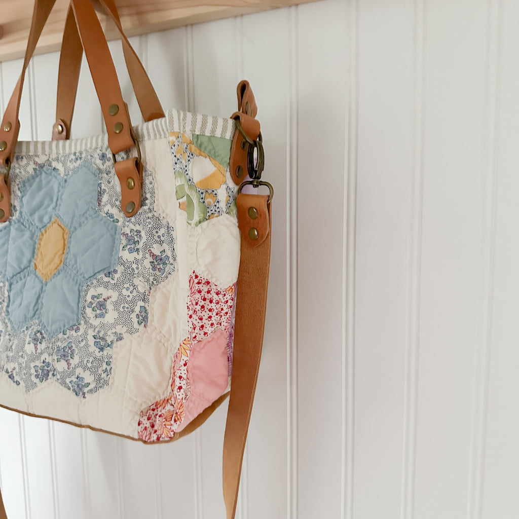 Boxy Bible Bag Vintage Grandmothers Garden Quilt with Leather Handles and Crossbody Strap