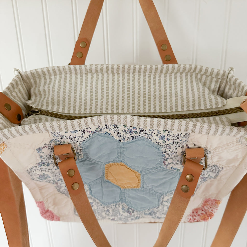 Boxy Bible Bag Vintage Grandmothers Garden Quilt with Leather Handles and Crossbody Strap