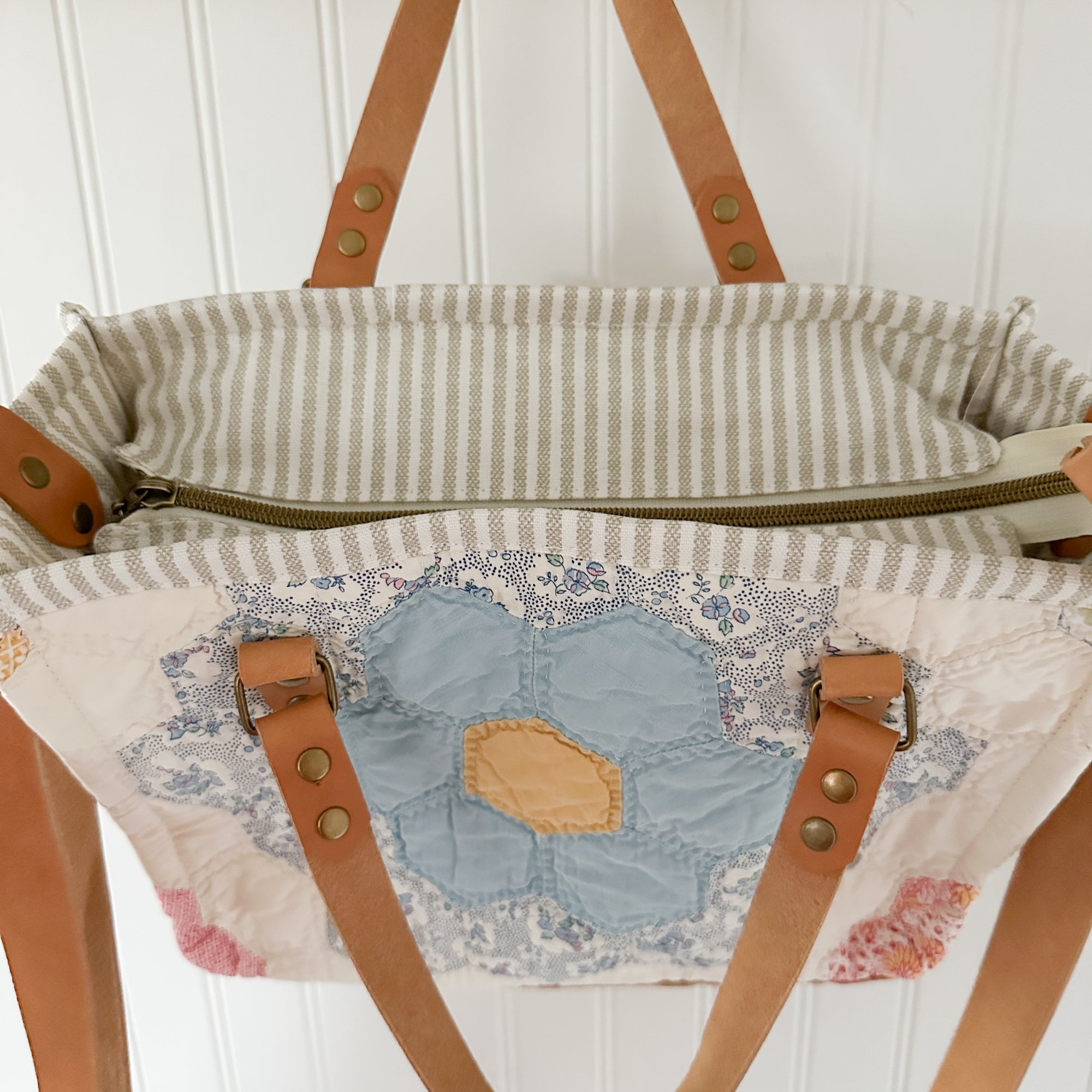 Boxy Bible Bag Vintage Grandmothers Garden Quilt with Leather Handles and Crossbody Strap