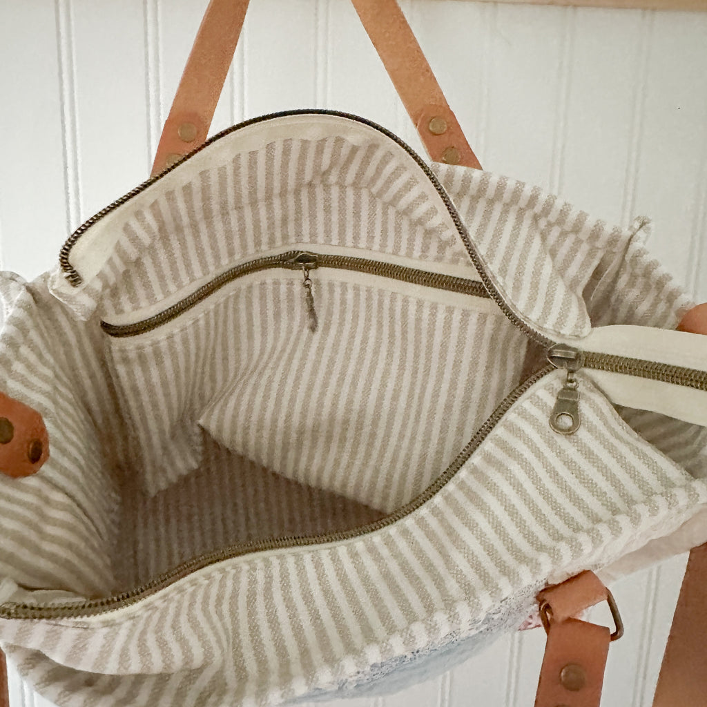 Boxy Bible Bag Vintage Grandmothers Garden Quilt with Leather Handles and Crossbody Strap