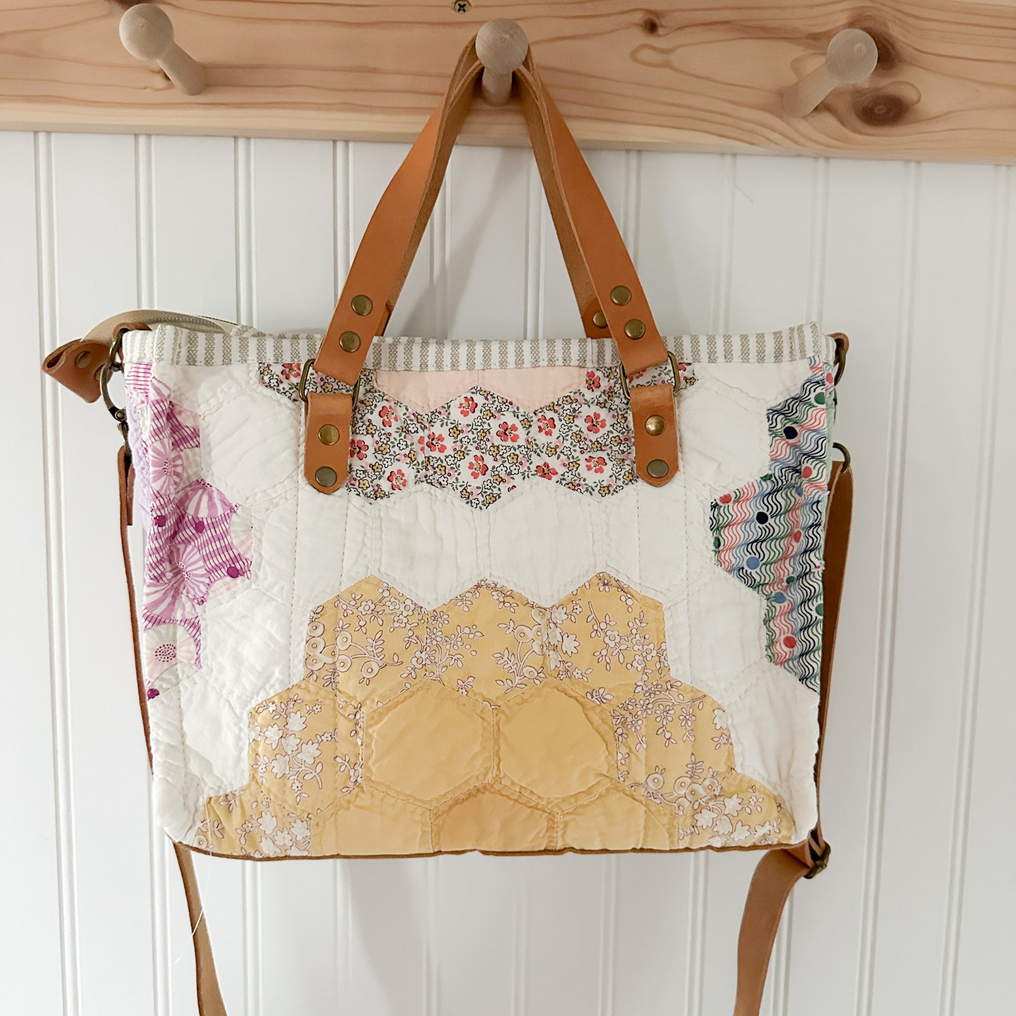 Boxy Bible Bag Vintage Grandmothers Garden Quilt with Leather Handles and Crossbody Strap