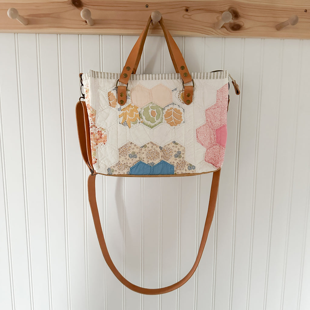 Boxy Bible Bag Vintage Grandmothers Garden Quilt with Leather Handles and Crossbody Strap