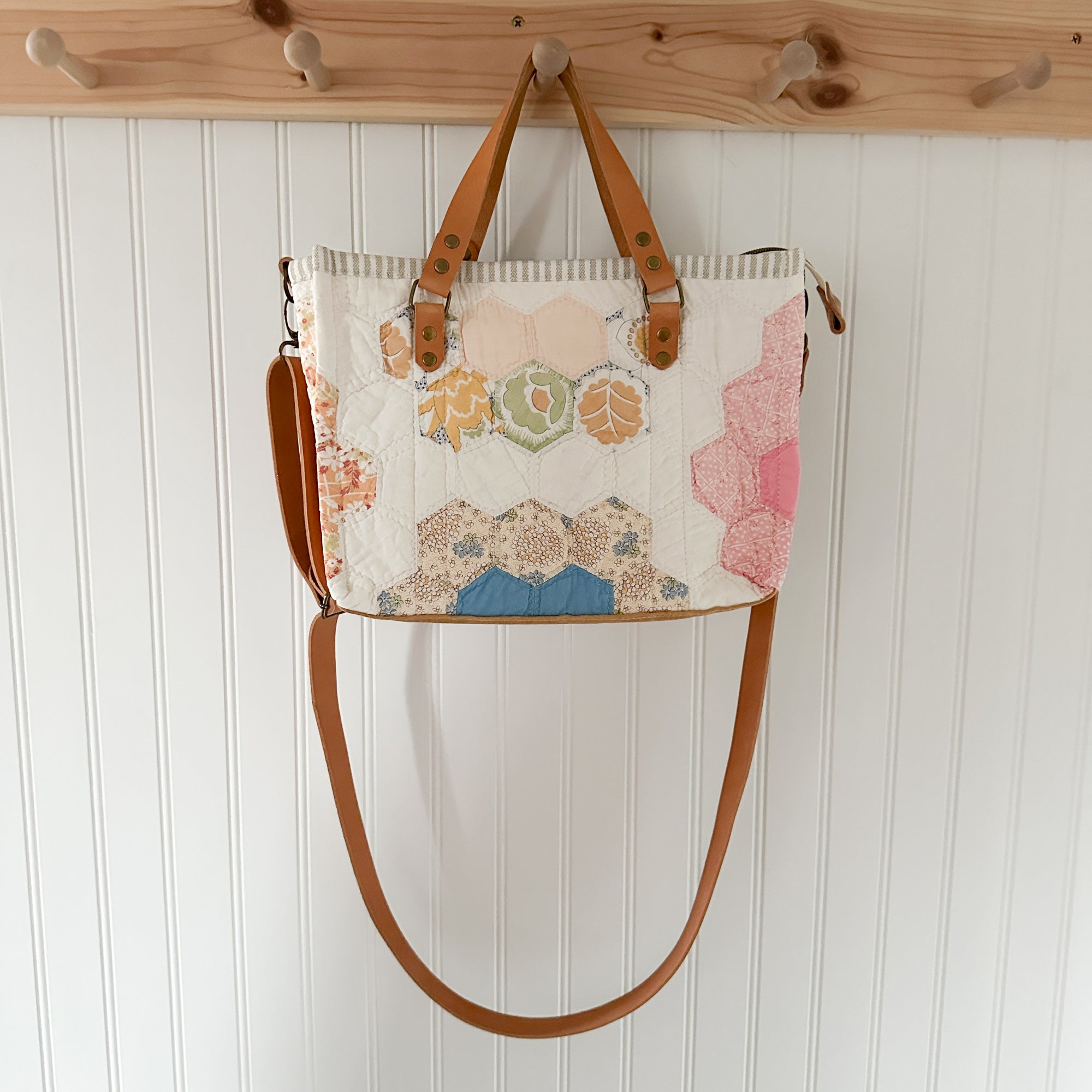 Boxy Bible Bag Vintage Grandmothers Garden Quilt with Leather Handles and Crossbody Strap
