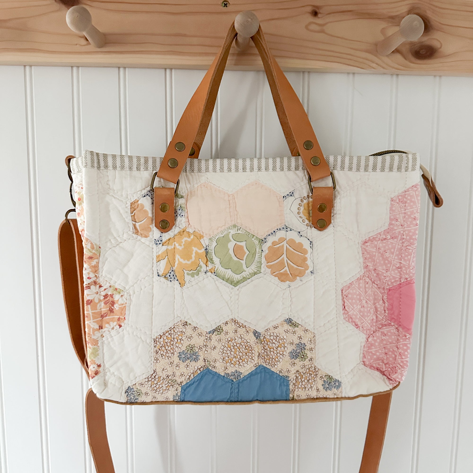 Boxy Bible Bag Vintage Grandmothers Garden Quilt with Leather Handles and Crossbody Strap