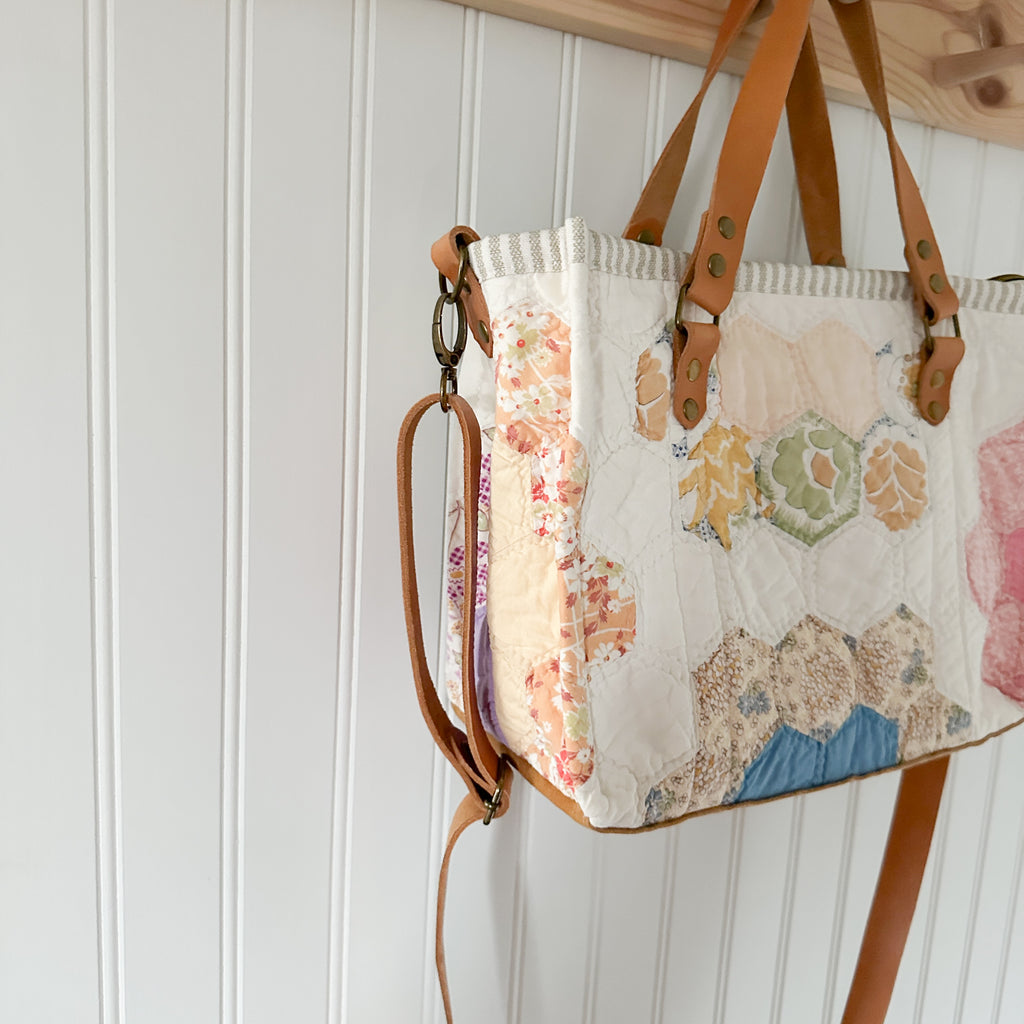Boxy Bible Bag Vintage Grandmothers Garden Quilt with Leather Handles and Crossbody Strap