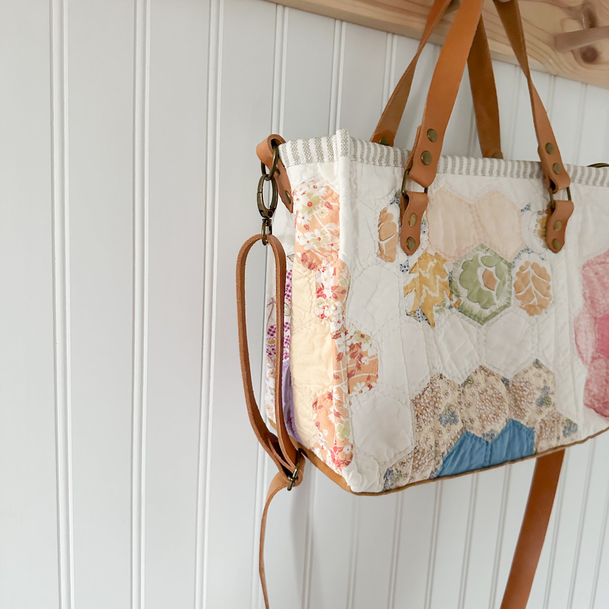 Boxy Bible Bag Vintage Grandmothers Garden Quilt with Leather Handles and Crossbody Strap