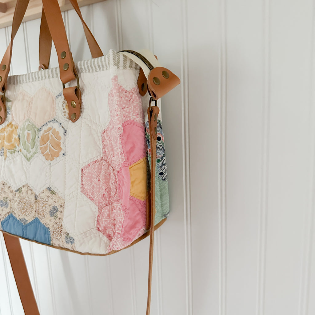 Boxy Bible Bag Vintage Grandmothers Garden Quilt with Leather Handles and Crossbody Strap