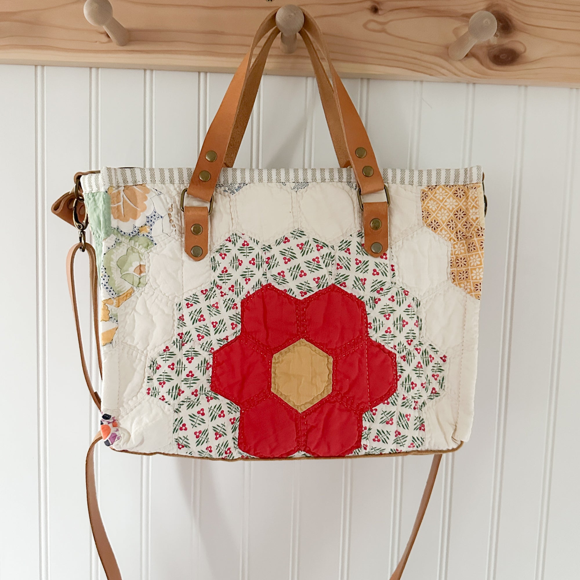 Boxy Bible Bag Vintage Grandmothers Garden Quilt with Leather Handles and Crossbody Strap