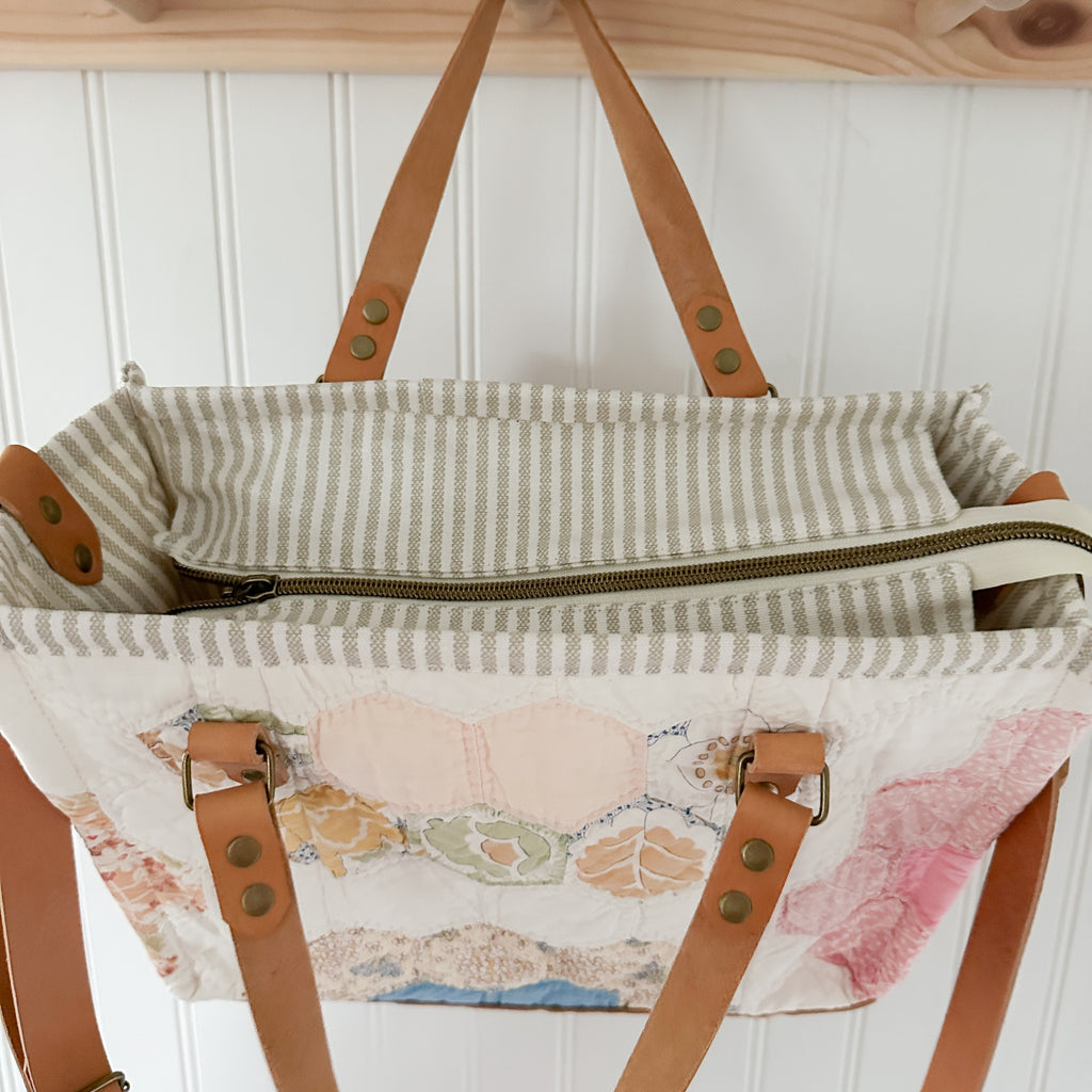 Boxy Bible Bag Vintage Grandmothers Garden Quilt with Leather Handles and Crossbody Strap