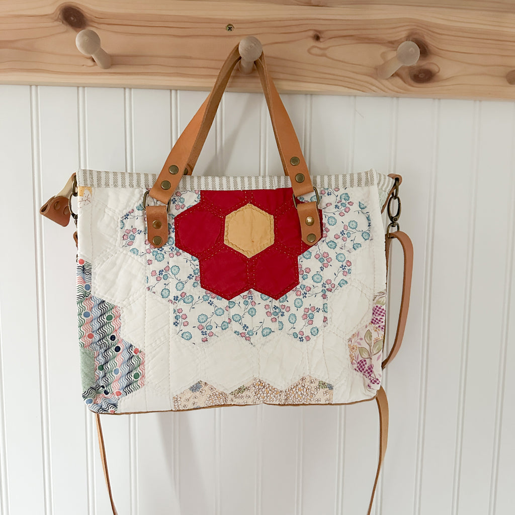 Boxy Bible Bag Vintage Grandmothers Garden Quilt with Leather Handles and Crossbody Strap