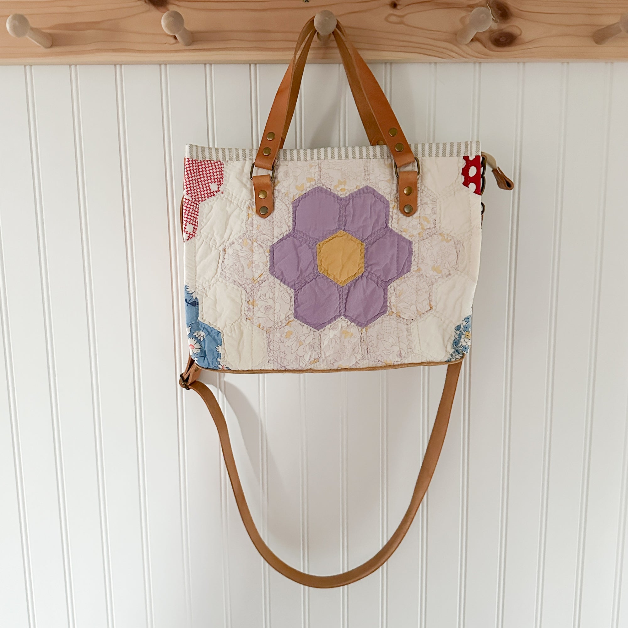 Boxy Bible Bag Vintage Grandmothers Garden Quilt with Leather Handles and Crossbody Strap