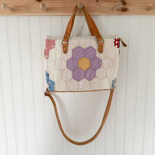 Boxy Bible Bag Vintage Grandmothers Garden Quilt with Leather Handles and Crossbody Strap