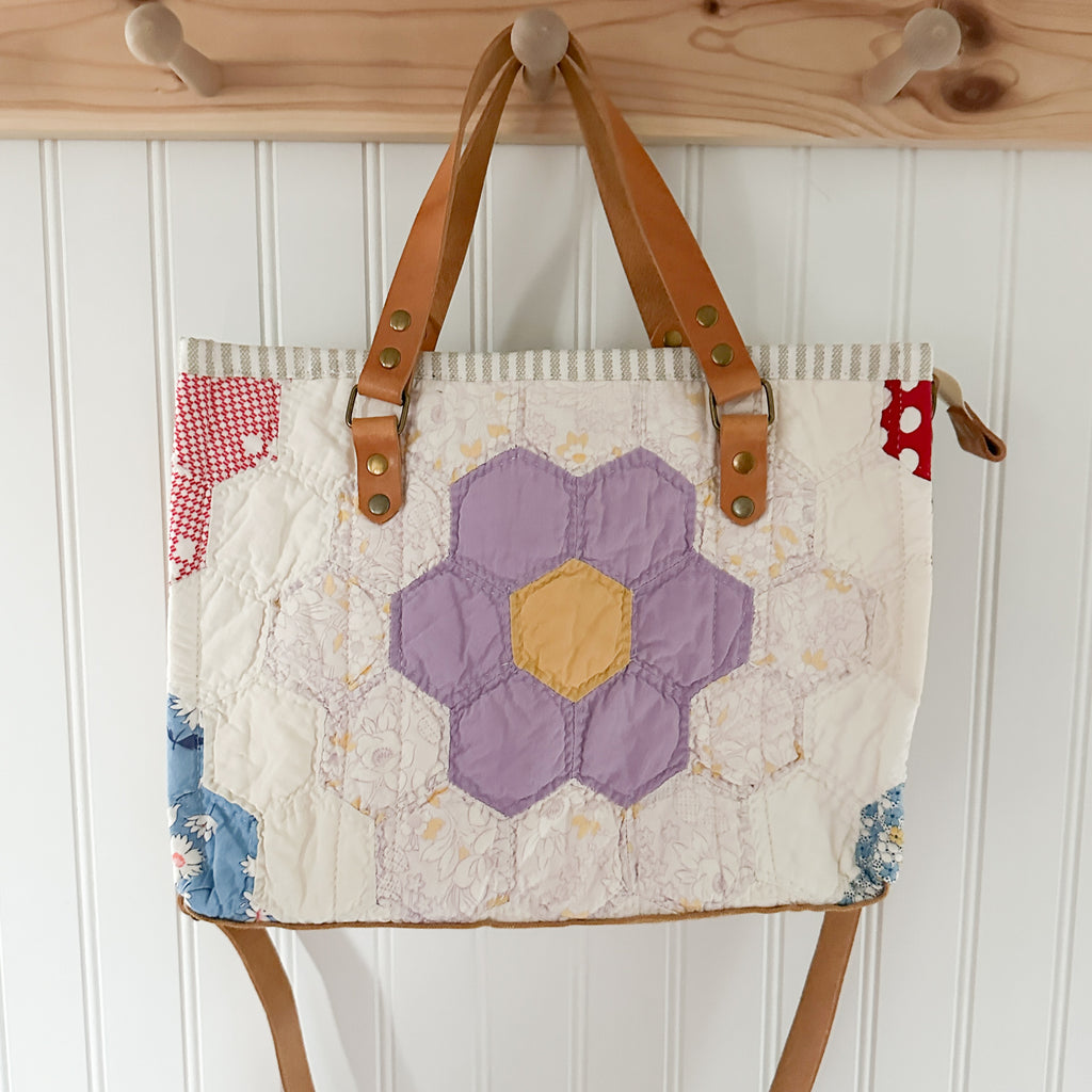 Boxy Bible Bag Vintage Grandmothers Garden Quilt with Leather Handles and Crossbody Strap