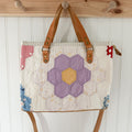 Boxy Bible Bag Vintage Grandmothers Garden Quilt with Leather Handles and Crossbody Strap