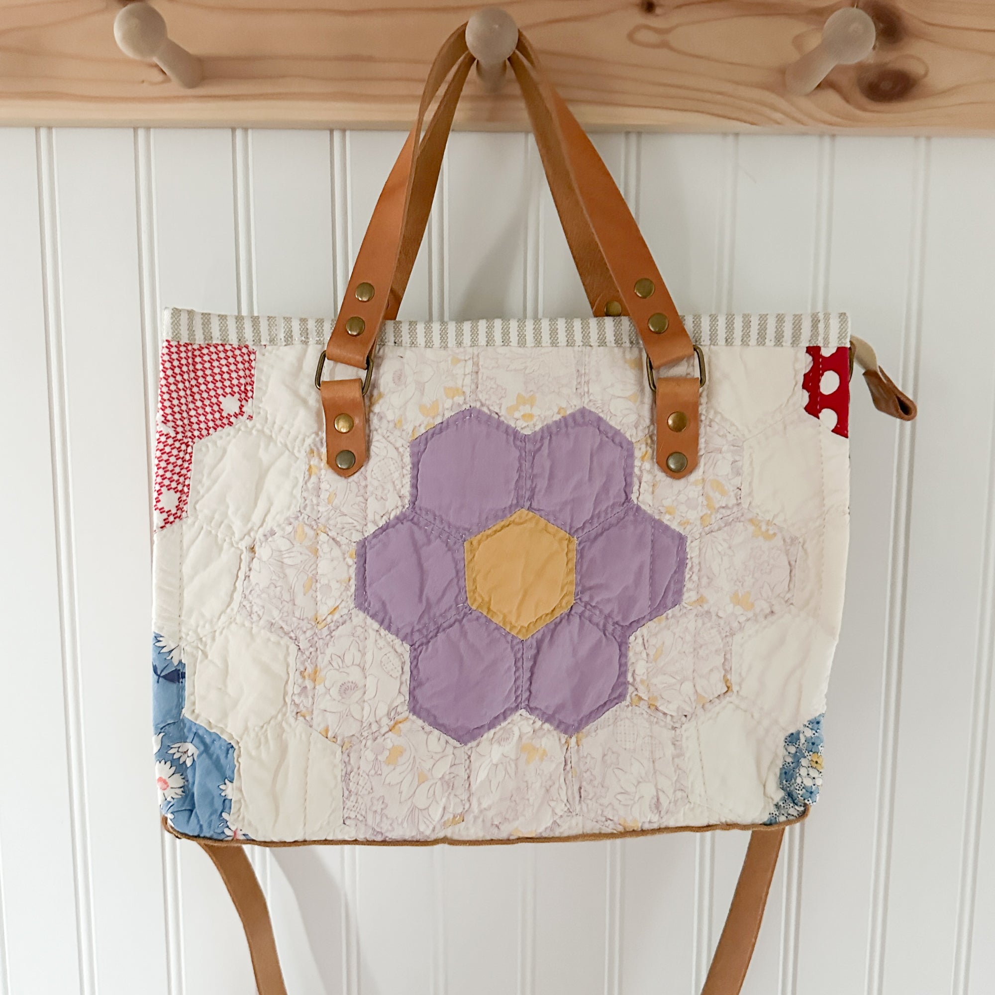 Boxy Bible Bag Vintage Grandmothers Garden Quilt with Leather Handles and Crossbody Strap