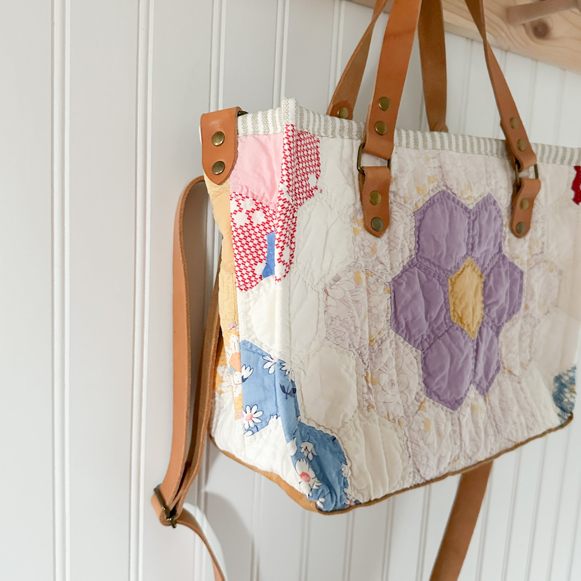 Boxy Bible Bag Vintage Grandmothers Garden Quilt with Leather Handles and Crossbody Strap
