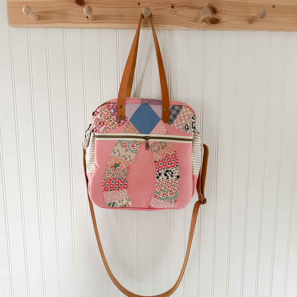 Sunday School Teachers Bag Vintage Pink Wedding Ring Quilt with Leather Handles and Crossbody Strap