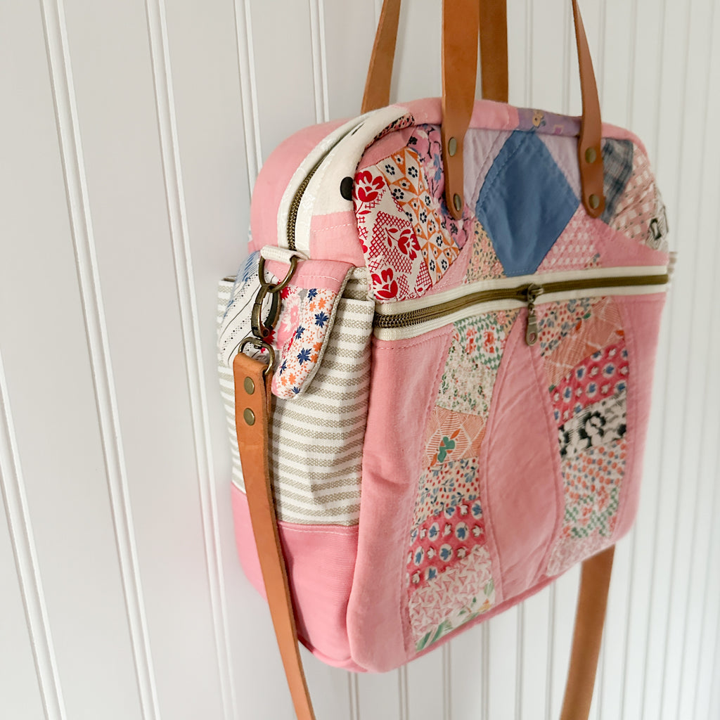 Sunday School Teachers Bag Vintage Pink Wedding Ring Quilt with Leather Handles and Crossbody Strap