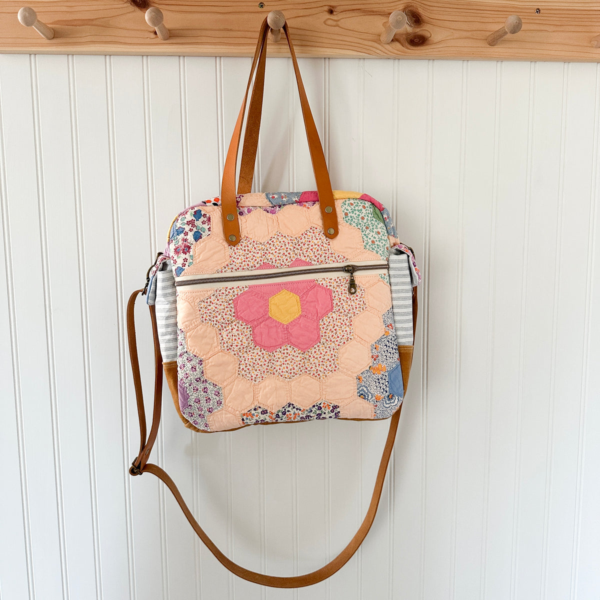 Sunday School Teachers Bag Vintage Grandmothers Garden Quilt with Leather Handles and Crossbody Strap