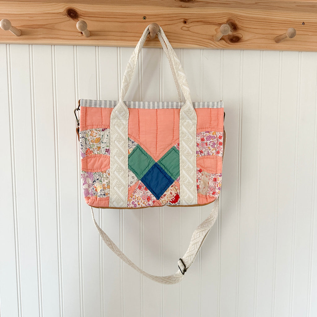 Boxy Bible Bag Vintage Wedding Ring Quilt with Leather Handles and Crossbody Strap