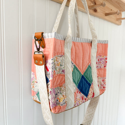 Boxy Bible Bag Vintage Wedding Ring Quilt with Leather Handles and Crossbody Strap