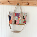 Boxy Bible Bag Vintage Feed Sack Quilt with Leather Handles and Crossbody Strap