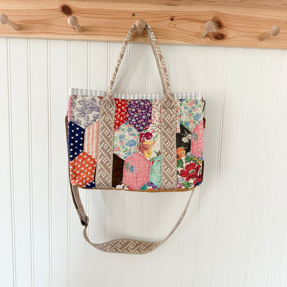 Boxy Bible Bag Vintage Feed Sack Quilt with Leather Handles and Crossbody Strap
