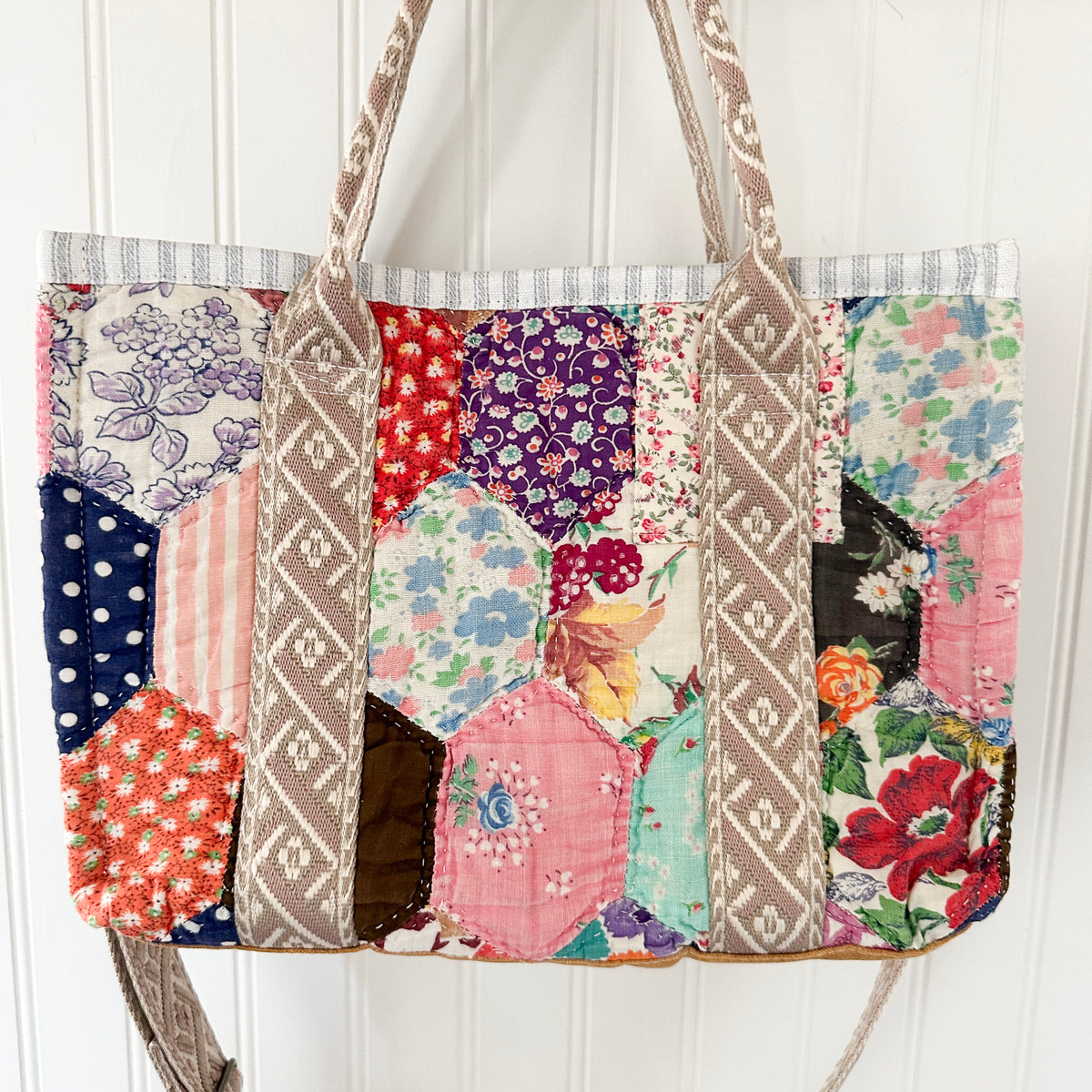 Boxy Bible Bag Vintage Feed Sack Quilt with Leather Handles and Crossbody Strap