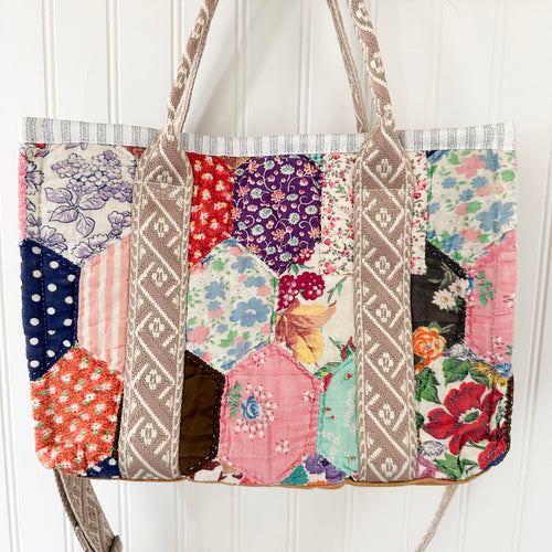 Boxy Bible Bag Vintage Feed Sack Quilt with Leather Handles and Crossbody Strap