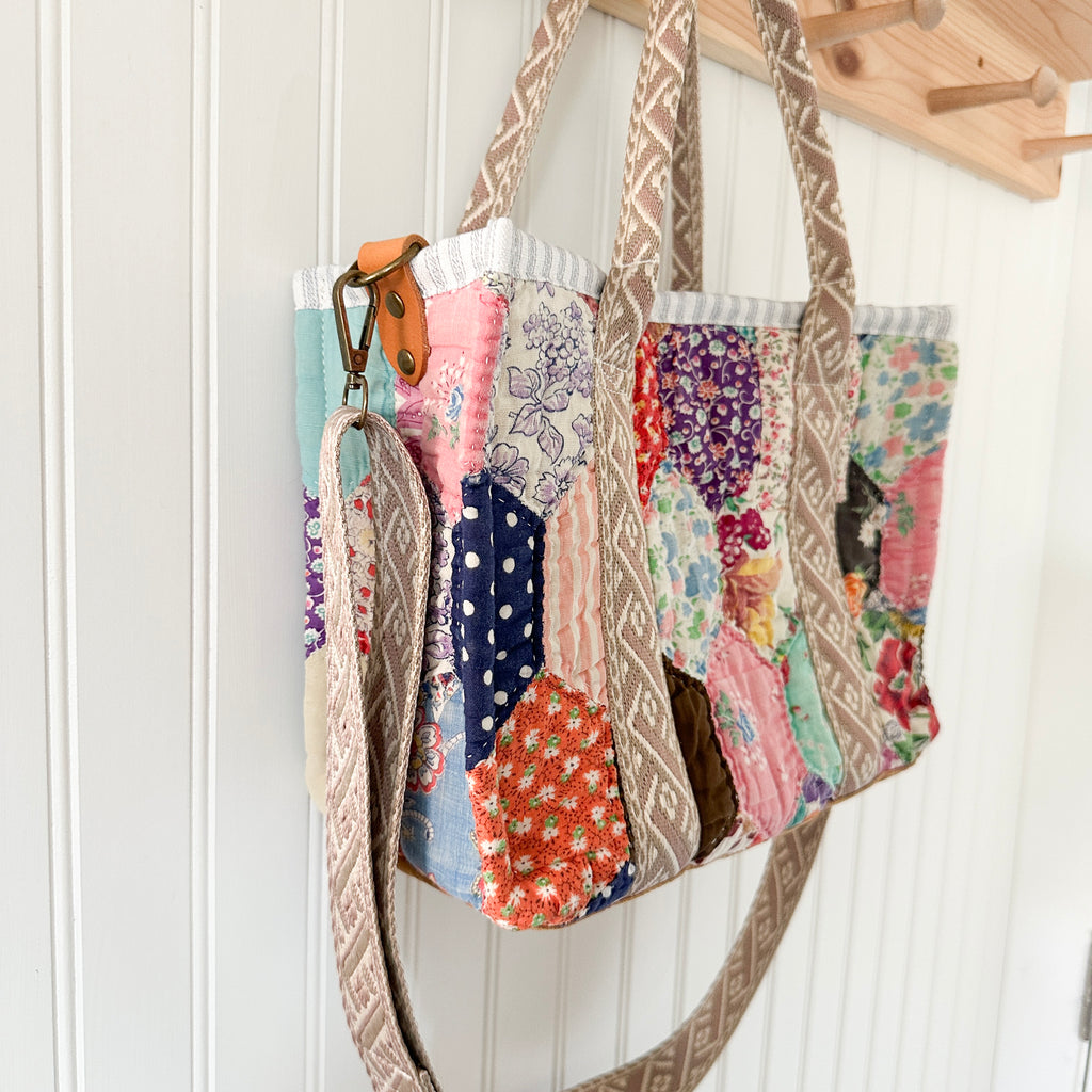 Boxy Bible Bag Vintage Feed Sack Quilt with Leather Handles and Crossbody Strap