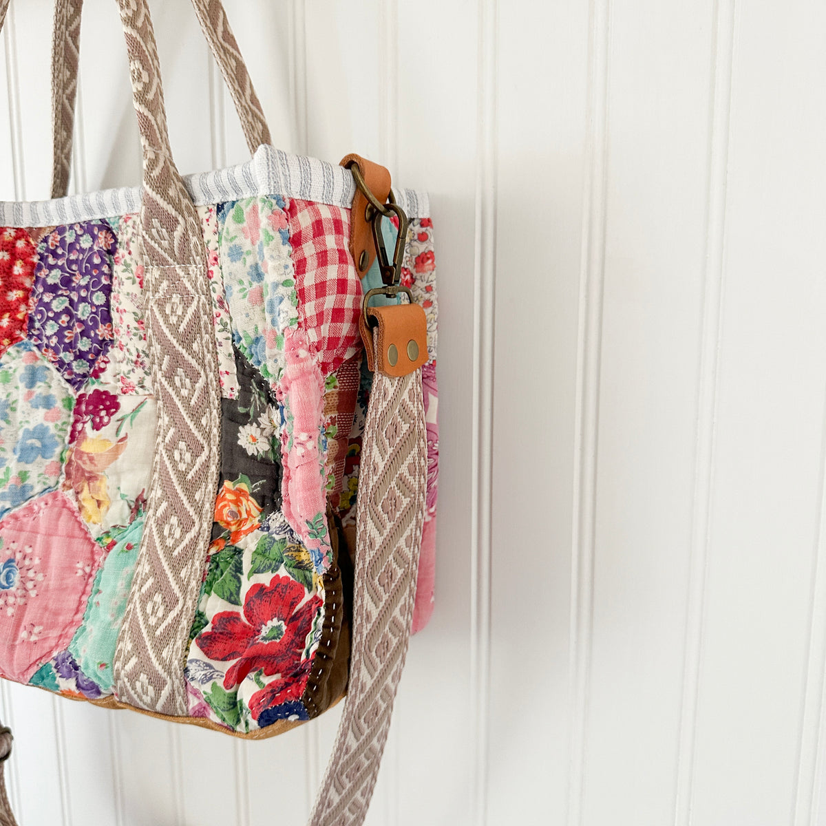 Boxy Bible Bag Vintage Feed Sack Quilt with Leather Handles and Crossbody Strap