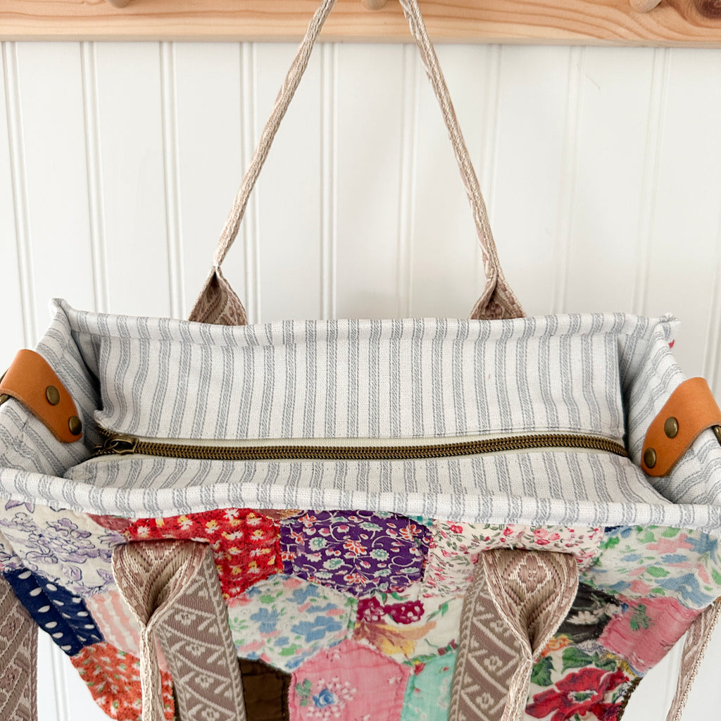 Boxy Bible Bag Vintage Feed Sack Quilt with Leather Handles and Crossbody Strap