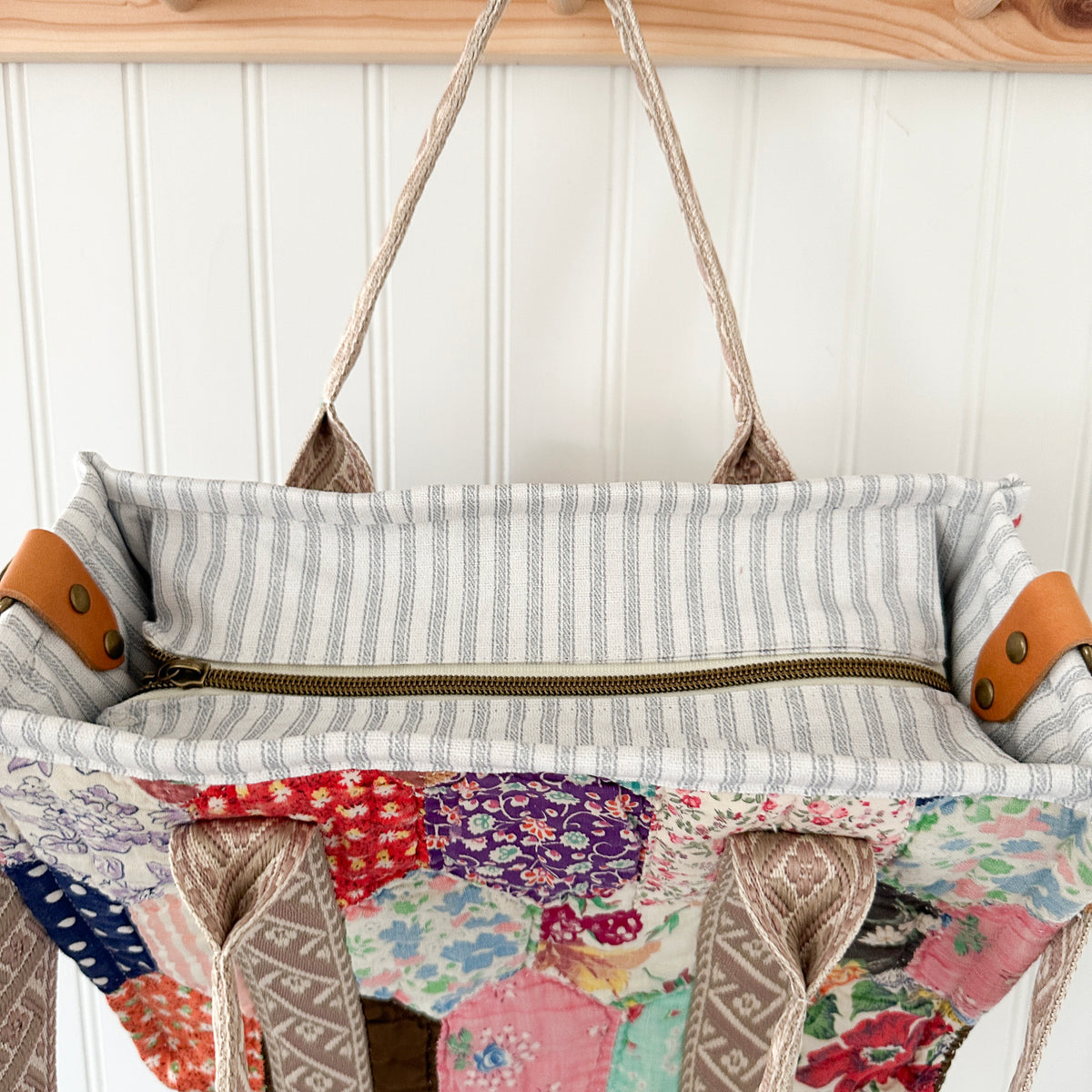 Boxy Bible Bag Vintage Feed Sack Quilt with Leather Handles and Crossbody Strap